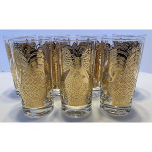Set Of 7 Vtg Georges Briard Highball Glasses 22k Gold Pineapple & Pear Design